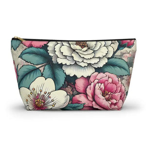 Pink Accessory Pouch with White Flowers - Chic Large - Dipaliz - Black Zipper - Cosmetic & Toiletry Bags
