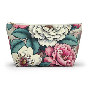 Pink Accessory Pouch with White Flowers - Chic Large - Dipaliz - Zipper - Cosmetic & Toiletry Bags