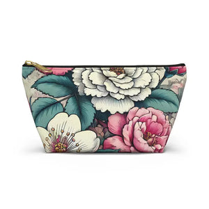 Pink Accessory Pouch with White Flowers - Chic Large - Dipaliz - Small / Black Zipper - Cosmetic & Toiletry Bags