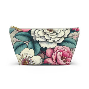 Pink Accessory Pouch with White Flowers - Chic Large - Dipaliz - Small / Zipper - Cosmetic & Toiletry Bags