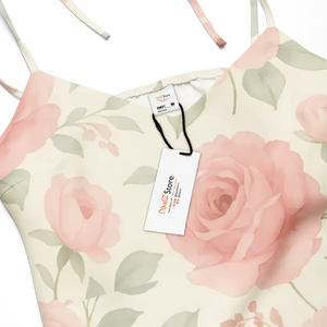 Midi Dress Large Pink Roses Built-in Bra Tie Strap - Dipaliz - Dresses