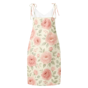 Midi Dress Large Pink Roses Built-in Bra Tie Strap - Dipaliz - Dresses