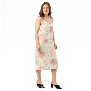 Midi Dress Large Pink Roses Built-in Bra Tie Strap - Dipaliz - Dresses