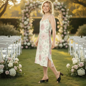 Floral Midi Dress Large Pink Roses Built-in Bra - Dipaliz - Dresses - Xs