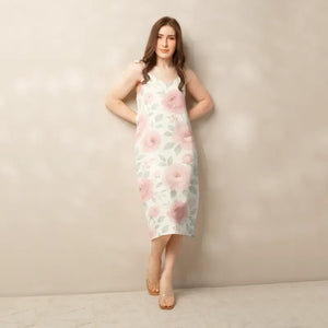 Midi Dress Large Pink Roses Built-in Bra Tie Strap - Dipaliz - Dresses