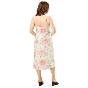 Floral Midi Dress Large Pink Roses Built-in Bra - Dipaliz - Dresses - Xs