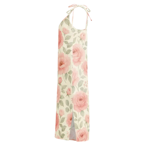 Midi Dress Large Pink Roses Built-in Bra Tie Strap - Dipaliz - Dresses