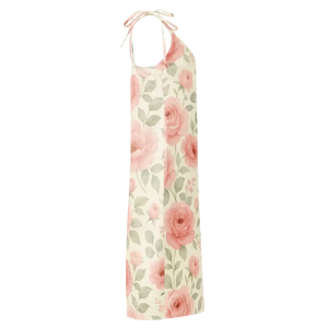Midi Dress Large Pink Roses Built-in Bra Tie Strap - Dipaliz - Dresses