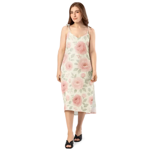 Midi Dress Large Pink Roses Built-in Bra Tie Strap - Dipaliz - Dresses