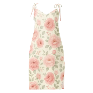 Midi Dress Large Pink Roses Built-in Bra Tie Strap - Dipaliz - Xs - Dresses