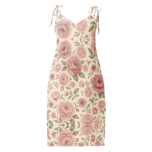 Midi Dress Large Pink Roses Built in Bra Comfort - Dipaliz - Xs - Dresses