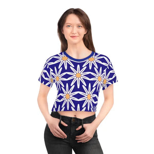 Crop Tee - Vibrant Tee Large White Flowers Statement Style - Dipaliz Black Stitching / Xs