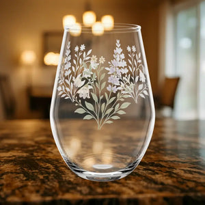 Mug - Stemless Wine Glass - Lavender Floral Etched - Dipaliz 11.75oz