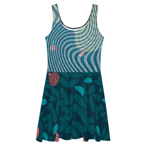 Green Wavy Skater Dress - Leafy Print Street Style - Dipaliz - Dresses