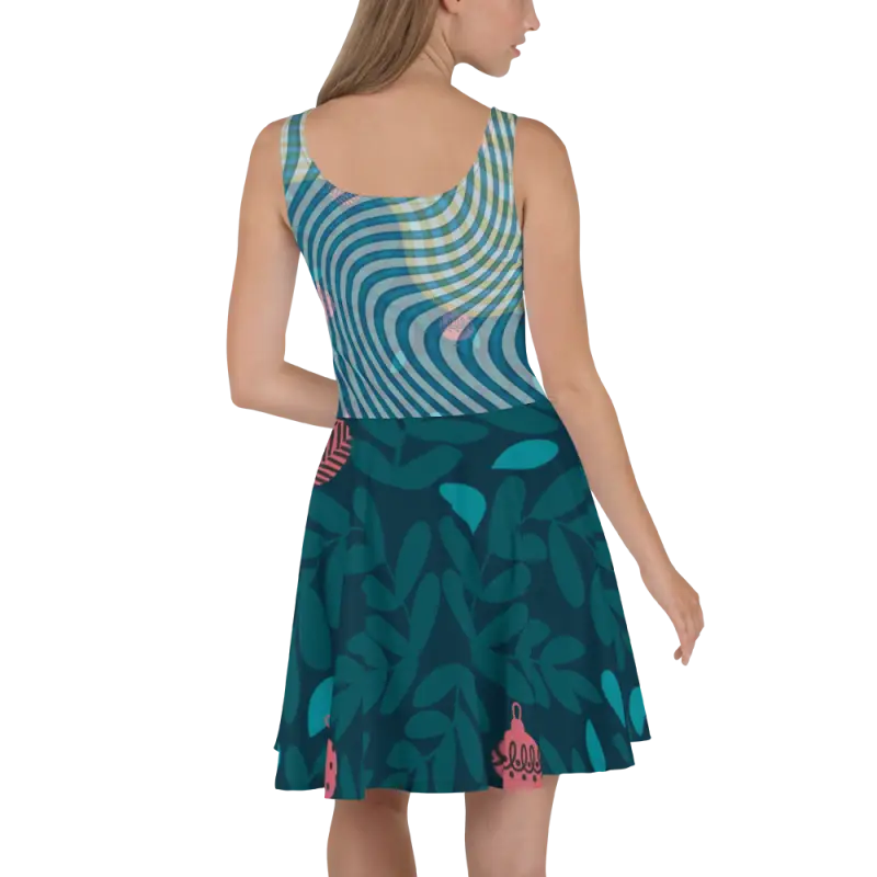 Turn Heads in a Leafy Green Wavy Skater Dress! - Dress