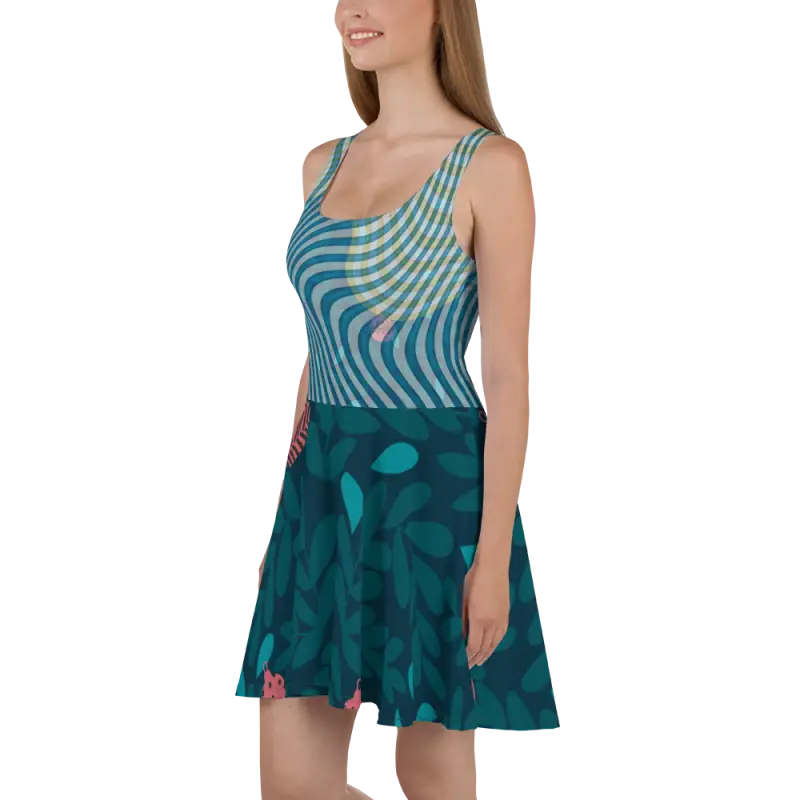 Turn Heads in a Leafy Green Wavy Skater Dress! - Dress