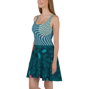 Green Wavy Skater Dress - Leafy Print Street Style - Dipaliz - Dresses