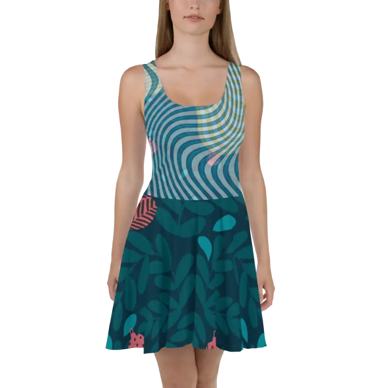 Turn Heads in a Leafy Green Wavy Skater Dress! - Xs Dress