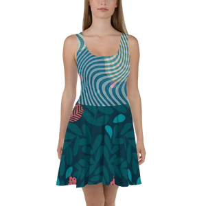 Green Wavy Skater Dress - Leafy Print Street Style - Dipaliz - Xs - Dresses