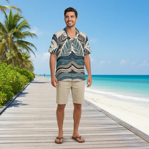 Linen Textured Hawaiian Camp Shirt Wave Prints Summer - Dipaliz - Shirts - Xs