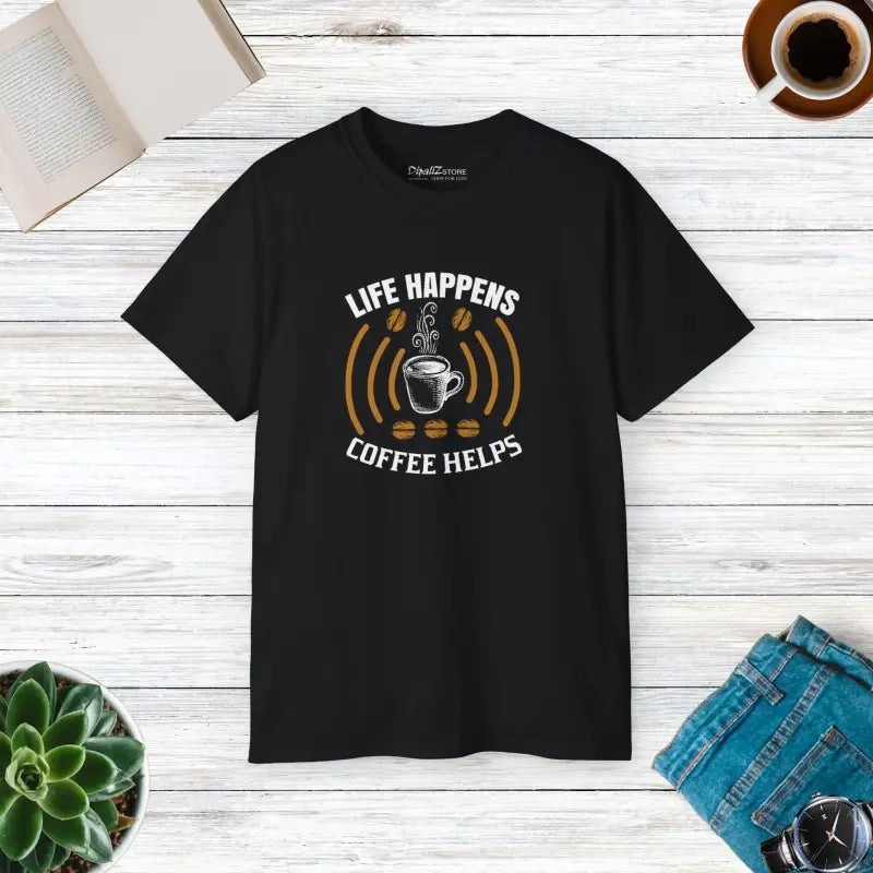 Life Happens Coffee Helps Ultra Cotton Tee for Lovers - Black / s T-shirt