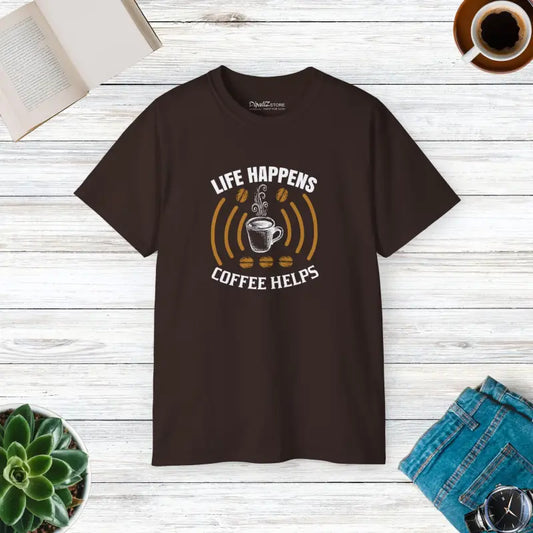 Life Happens Coffee Helps Ultra Cotton Tee for Lovers - Dark Chocolate / s T-shirt