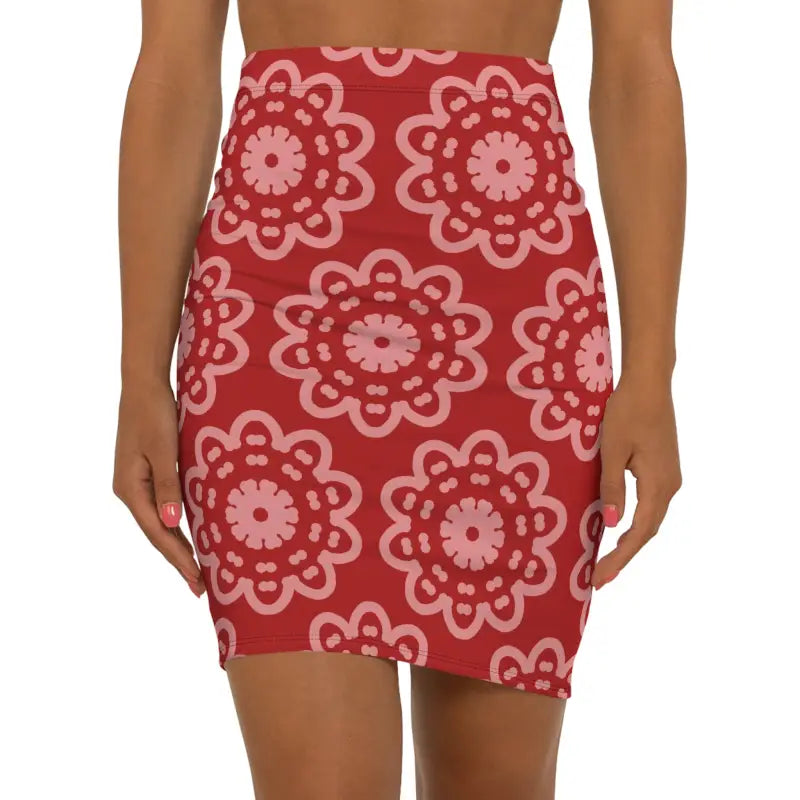 Red Floral Pattern Mini Skirt for Women - Stretchy and Chic - Xs / Black Stitching Skirts