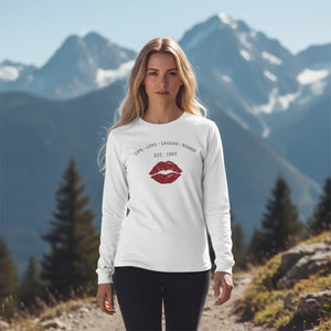 Long Sleeve Shirt, ?Lips • Love • Laughs • Kisses’ Red Lip Graphic Personalized (est. 1993) - T-shirts