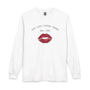Long Sleeve Shirt, ?Lips • Love • Laughs • Kisses’ Red Lip Graphic Personalized (est. 1993) - T-shirts