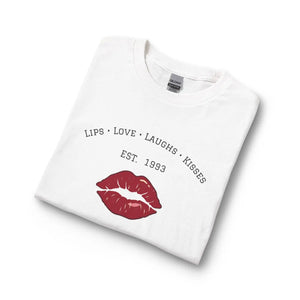 Long Sleeve Shirt, ?Lips • Love • Laughs • Kisses’ Red Lip Graphic Personalized (est. 1993) - T-shirts