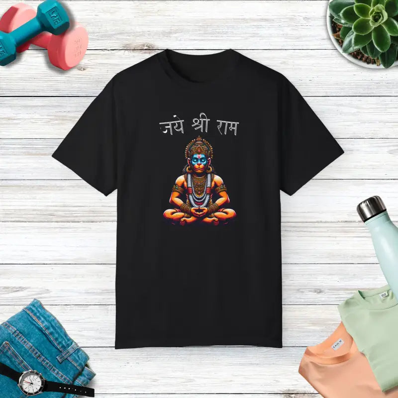 Lord Hanuman in Meditation Jai Shri Ram Unisex Garment-dyed T-shirt - Black / s T-shirt