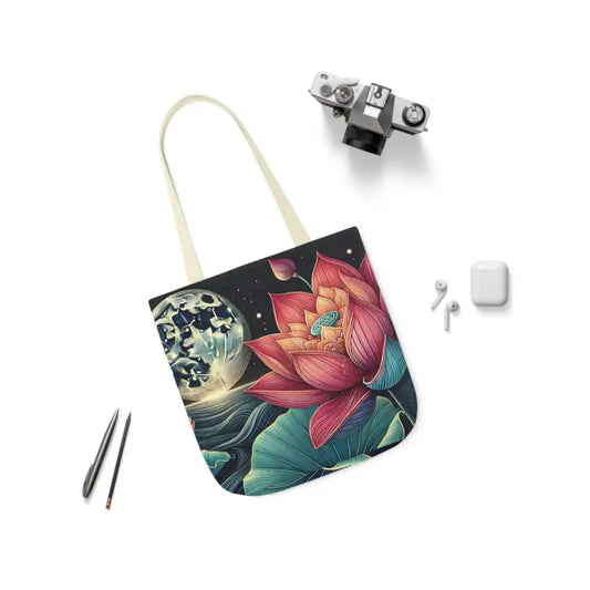 Vibrant Lotus Canvas Tote Bag with 5-color Straps - 13’’ × / Beige Bags