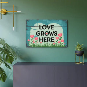 Vintage Metal Art Sign - Love Grows Here White Aluminum - Dipaliz - Novelty Signs