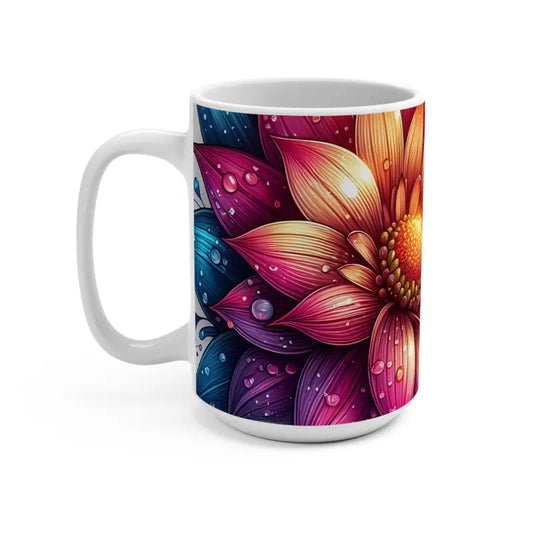 Lush 15oz Mugs: Colorful Flower & Dew Drops Delight! - Mug