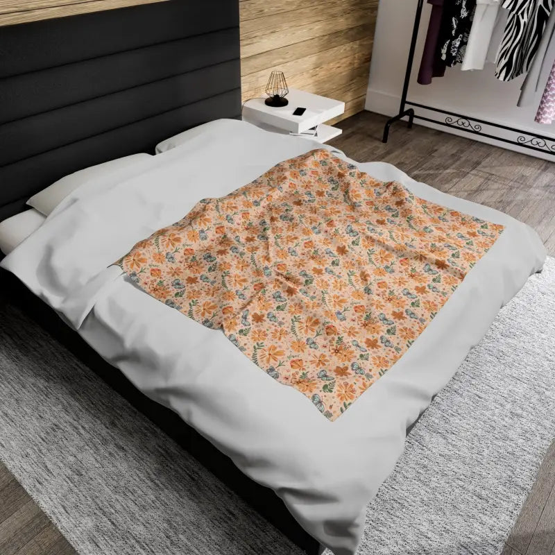 Luxurious Orange Butterfly Floral Velveteen Plush Blanket - All Over Prints