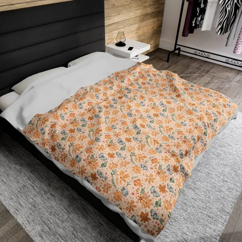 Luxurious Orange Butterfly Floral Velveteen Plush Blanket - All Over Prints