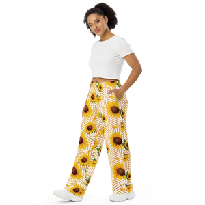 Yellow Flowers Pattern Wide Leg Pants - Vibrant Lounge Style - Dipaliz - Pajamas