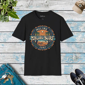 Softstyle t Shirt Malibu Surfs Up Unisex Beach Tee - Dipaliz - Black / s - T-shirts