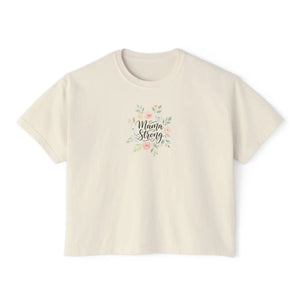 Mama Strong Floral Boxy Tee, Women’s Cropped Casual Shirt - Ivory / s - T-shirt