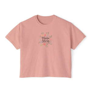 Mama Strong Floral Boxy Tee, Women’s Cropped Casual Shirt - Peachy / s - T-shirt
