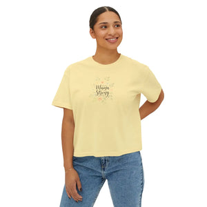 Mama Strong Floral Boxy Tee, Women’s Cropped Casual Shirt - T-shirt
