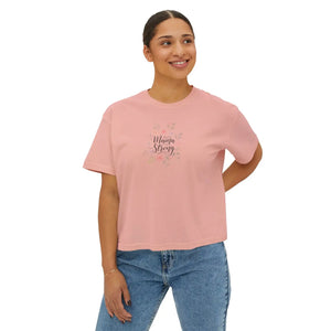 Mama Strong Floral Boxy Tee, Women’s Cropped Casual Shirt - T-shirt