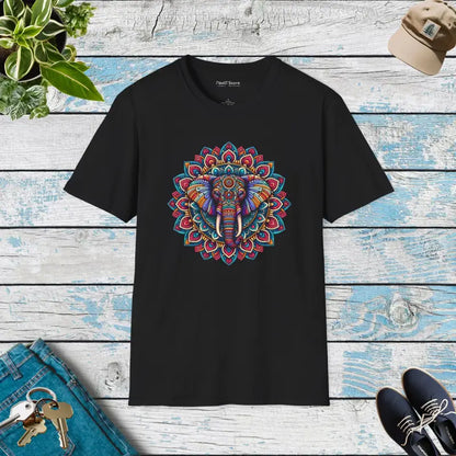 Unisex Softstyle T-shirt with Mandal Art Elephant Design - Black / s T-shirt