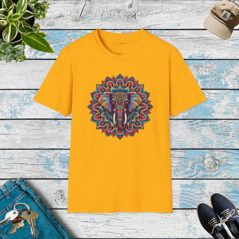 Unisex Softstyle T-shirt with Mandal Art Elephant Design - Gold / s T-shirt