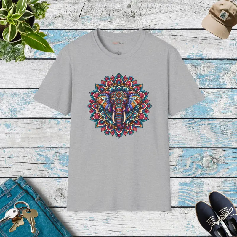 Unisex Softstyle T-shirt with Mandal Art Elephant Design - Sport Grey / s T-shirt