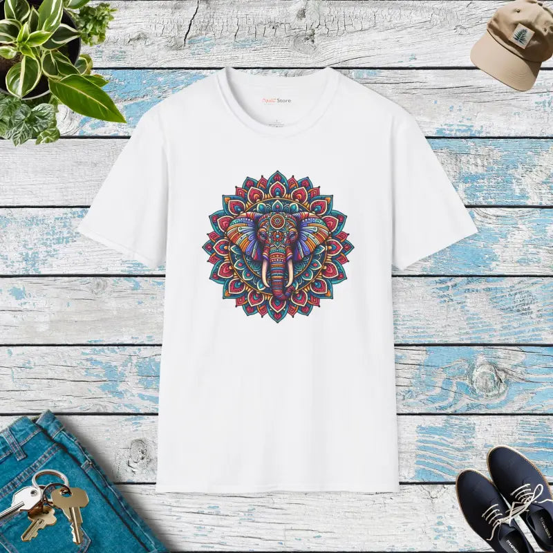 Unisex Softstyle T-shirt with Mandal Art Elephant Design - White / s T-shirt