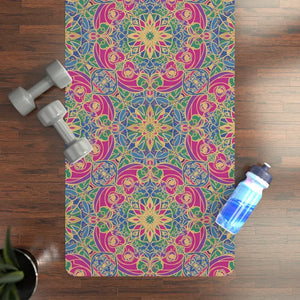 Mandala Floral Rubber Yoga Mat - Pink Teal Meditation - Dipaliz - 24” x 72” - & Pilates Mats