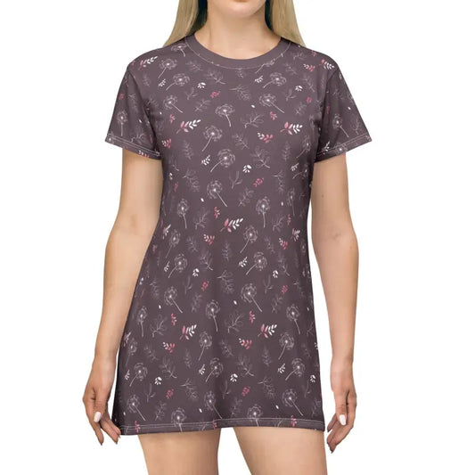 Mauve Dandelion T-shirt Dress; Turn Heads in Light Fabric! - Xs All Over Prints