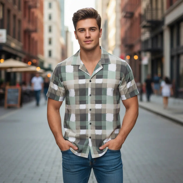 Green Plaid Hawaiian Camp Shirt - Breezy Summer Top - Dipaliz - Button