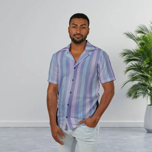Hawaiian Camp Shirt - Pastel Stripe Lavender Blue - Dipaliz - Xs - Button